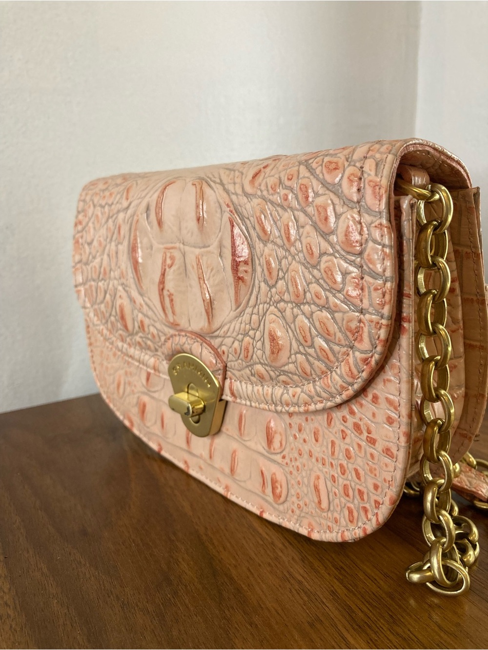 BRAHMIN Portia Pink Peach Croc Embossed Leather Flap Crossbody Bag Chain Strap - Picture 5 of 8